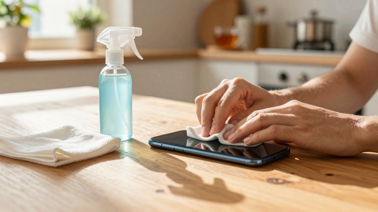 Pessoa limpando a tela de um celular com pano branco em uma mesa de madeira clara.
