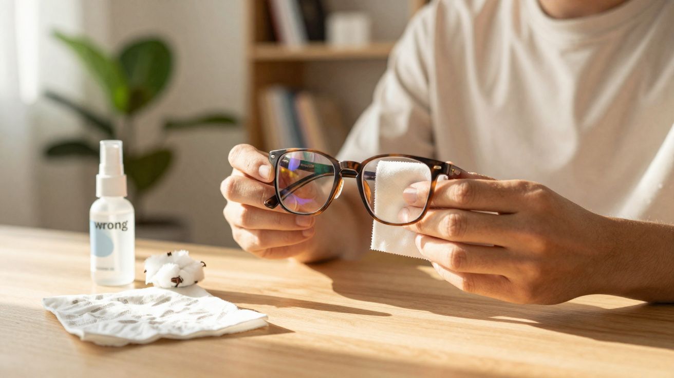Pessoa limpando óculos com pano em uma mesa de madeira clara, ao lado de spray de limpeza e algodão.