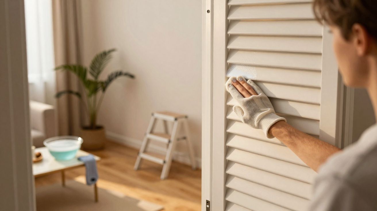 Pessoa limpando porta veneziana branca com pano e luva em ambiente interno claro e mobiliado.