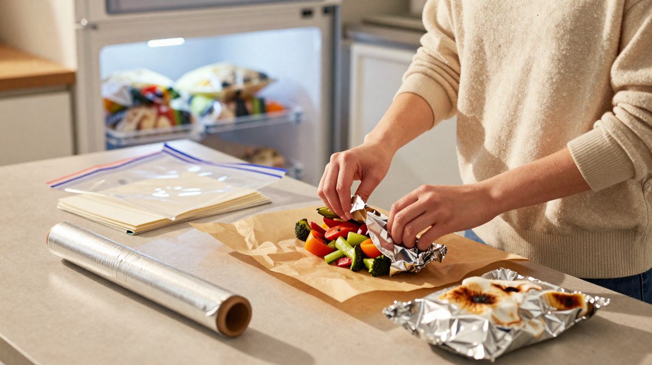 Pessoa preparando legumes e enrolando em papel alumínio na cozinha com geladeira ao fundo.