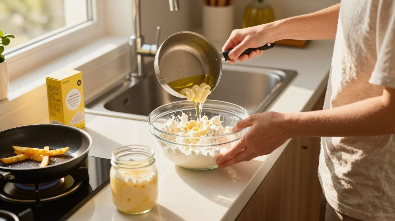 Pessoa em cozinha despejando óleo em tigela com ingredientes para receita, com frigideira e vidro na bancada.