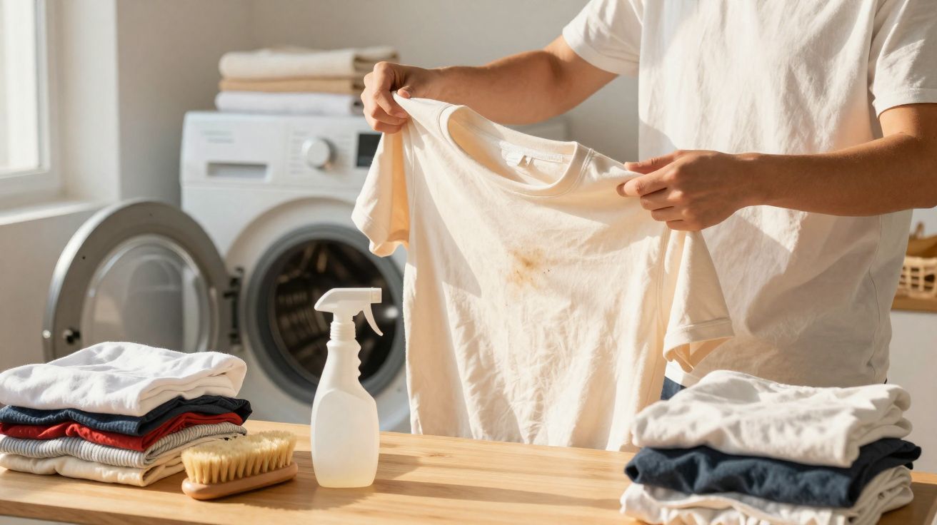 Pessoa segurando camiseta com mancha, máquina de lavar, escova e produtos de limpeza ao fundo.