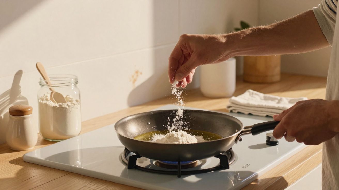 Mão adicionando farinha em frigideira com óleo sobre fogão, em cozinha clara e organizada.