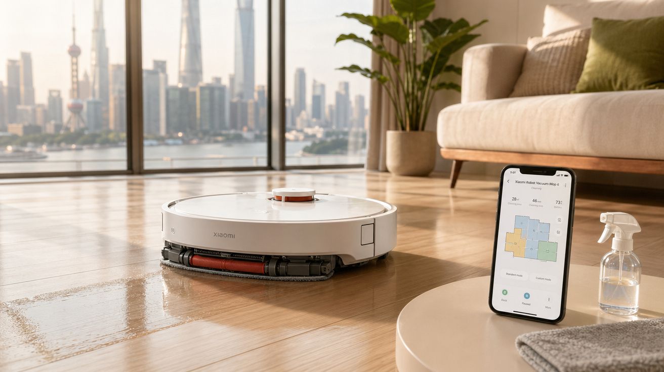 Robô aspirador branco limpando piso de madeira em sala com sofá, celular e vista da cidade ao fundo.