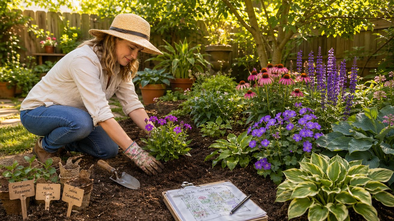 Mulher de chapéu cultivando flores em jardim ensolarado com plano de plantio ao lado.