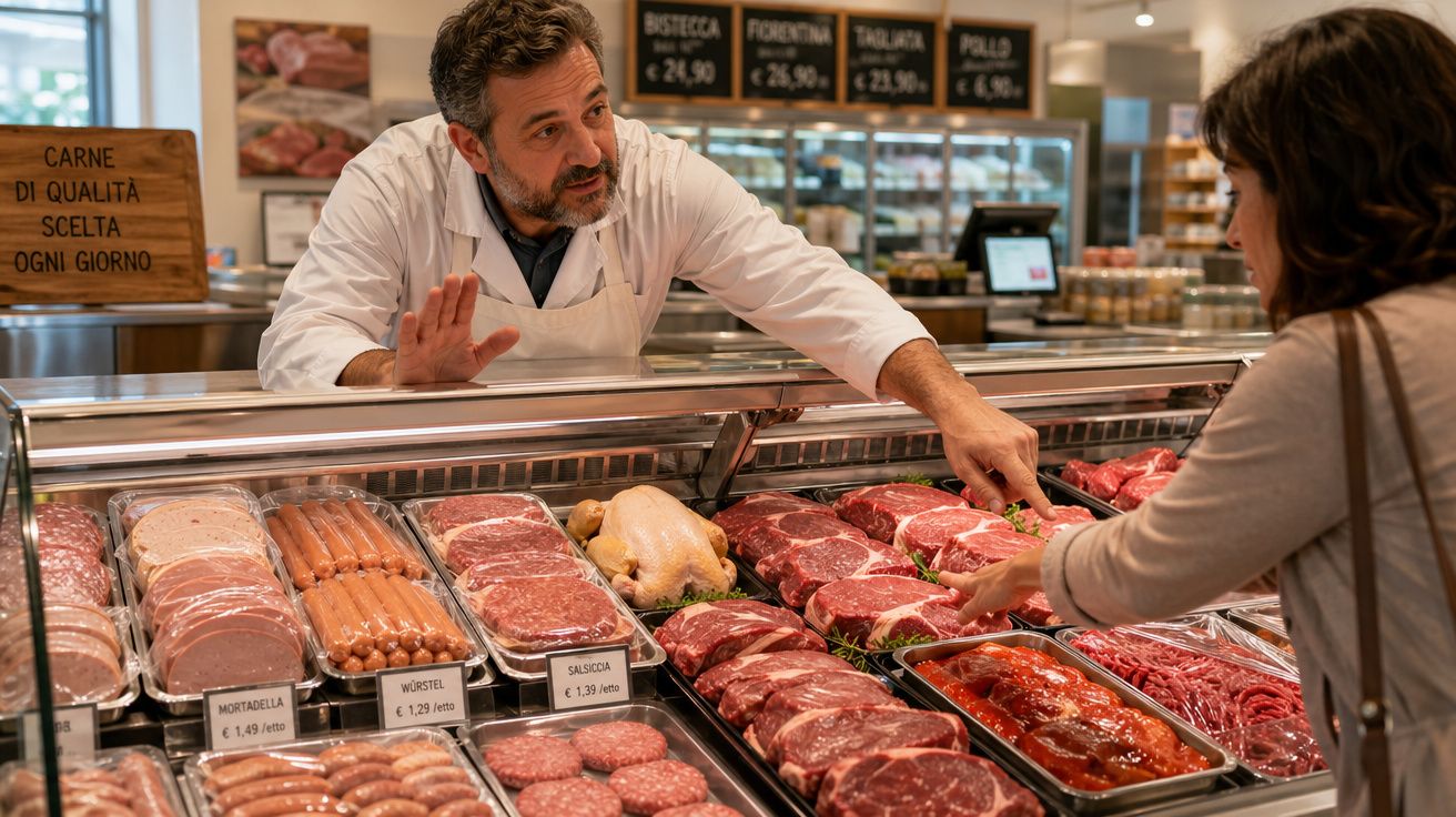 Atendente de açougue em atendimento a cliente escolhendo carnes expostas no balcão.