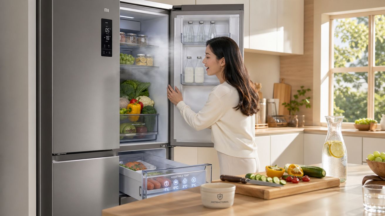 Mulher abre geladeira moderna de inox em cozinha clara com legumes frescos e frutas na bancada.