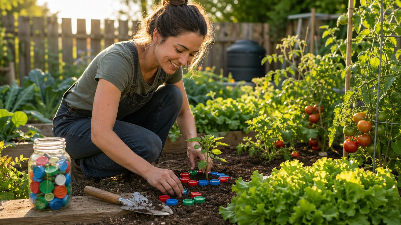 Mulher regando muda de planta com tampa de garrafa em horta caseira ensolarada.