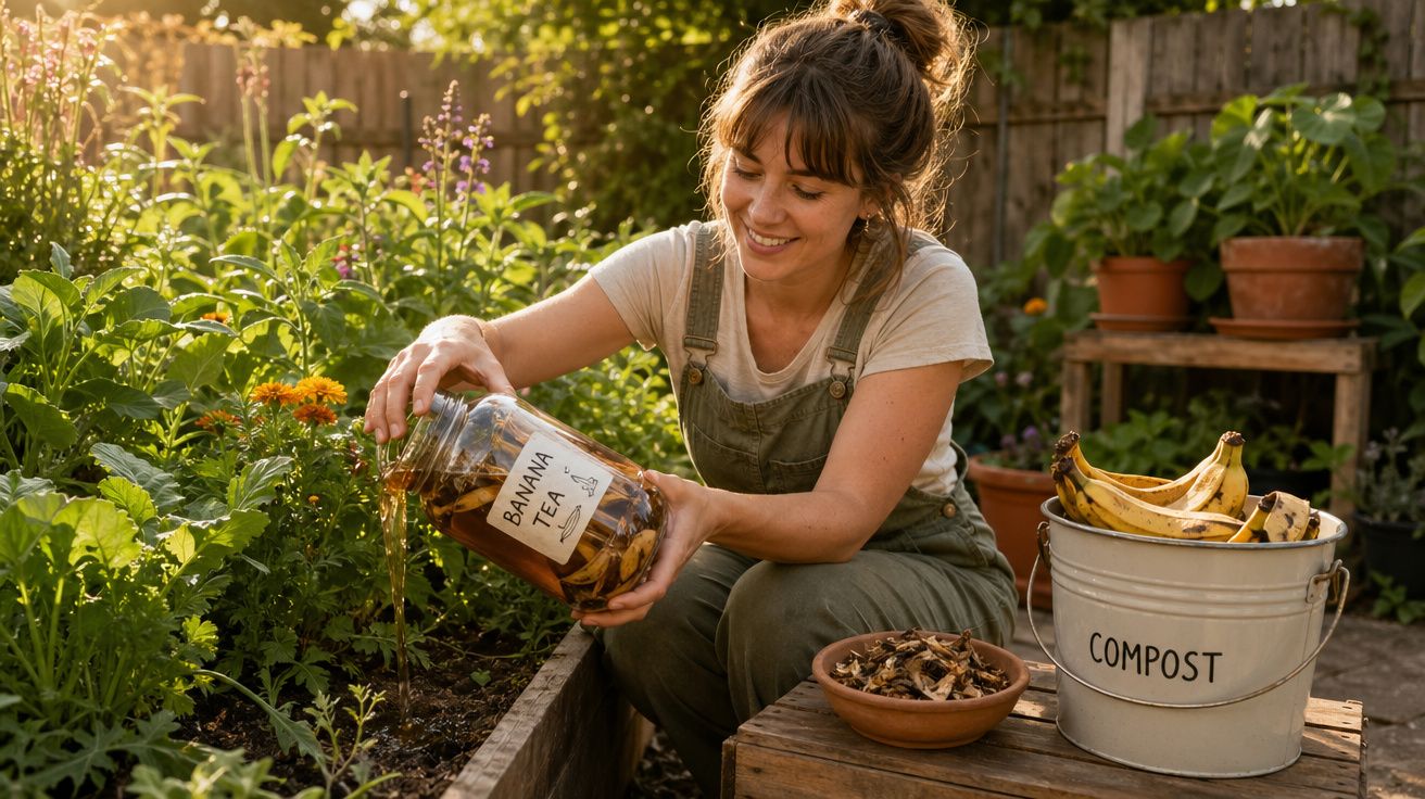 Mulher regando horta com chá de banana caseiro em jardim ensolarado com balde de compostagem ao lado.