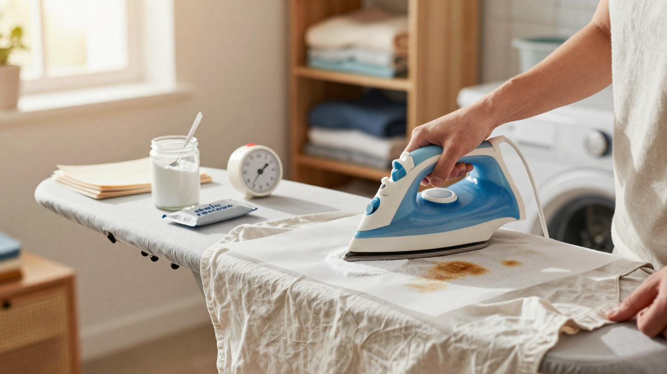 Pessoa removendo mancha de roupa branca com papel e ferro de passar azul e branco em tábua de passar.