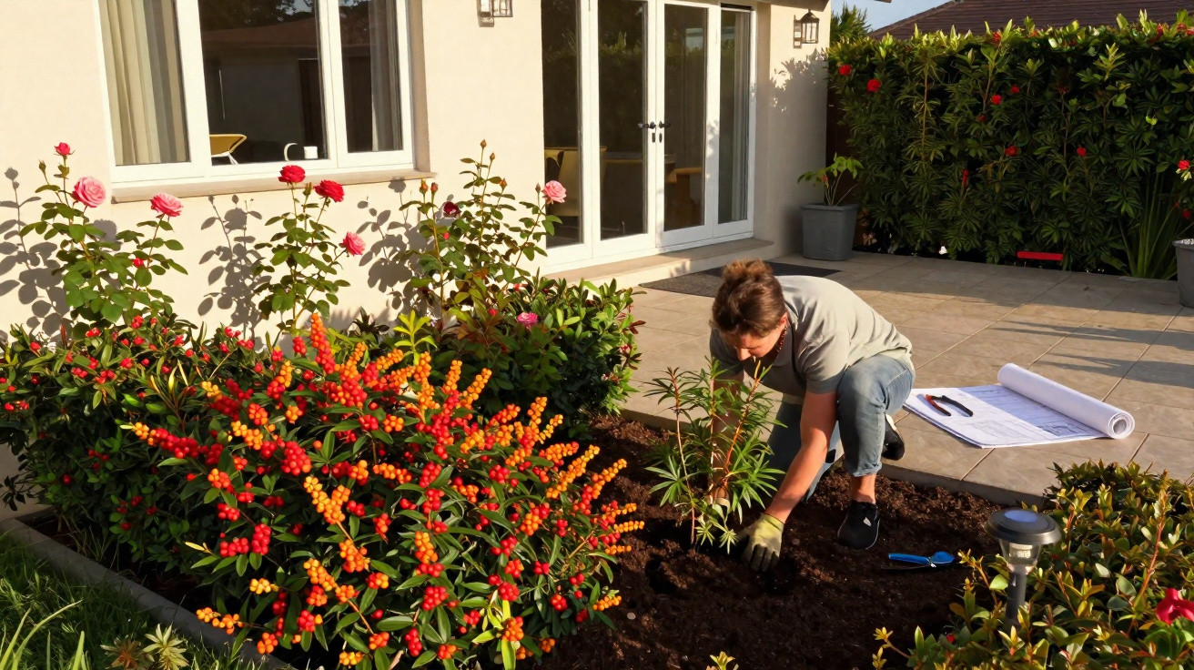 Pessoa plantando muda em jardim com flores vermelhas e rosas próximo a casa ensolarada.