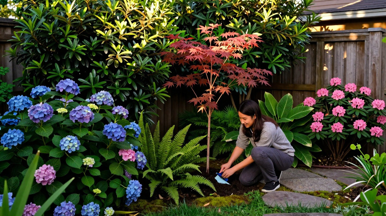 Mulher agachada cuidando de plantas em jardim com hortênsias azuis e rosa, samambaia e árvore de folhas vermelhas.