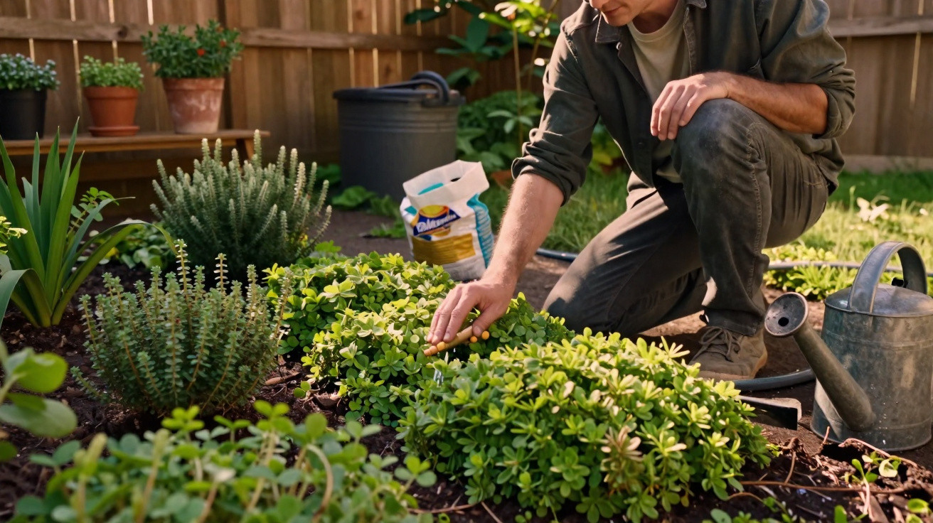 Homem cuidando de plantas verdes em jardim, com regador e fertilizante ao lado, em ambiente externo.