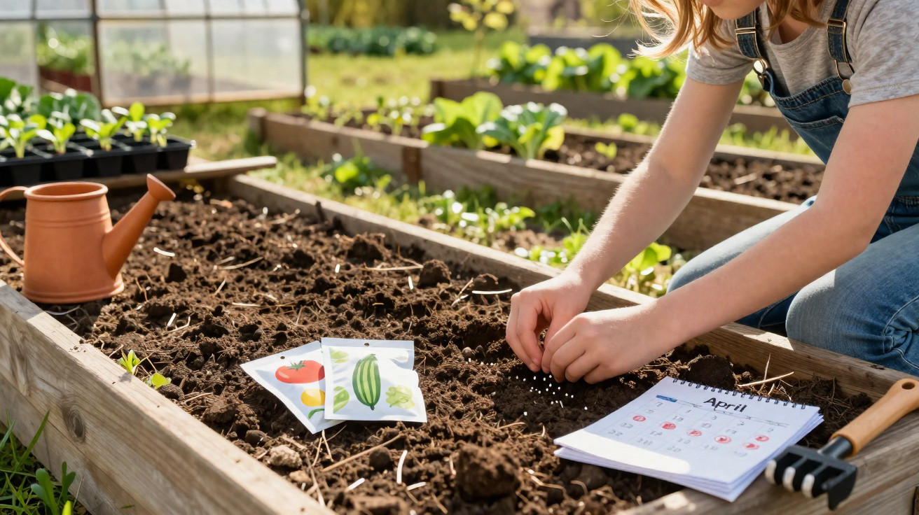 Pessoa plantando sementes em canteiro de terra com regador, calendário e pacotes de sementes ao lado.