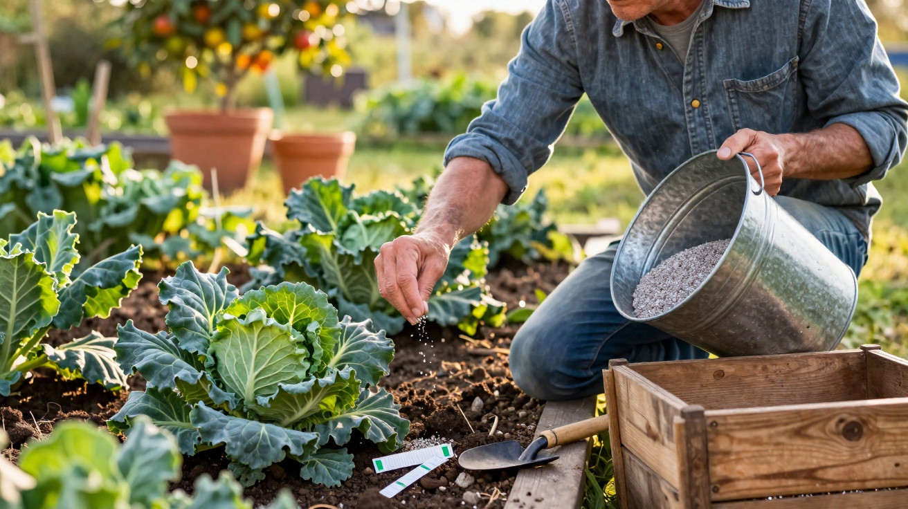 Homem cultivando couve em horta ao ar livre, aplicando fertilizante com balde de metal.