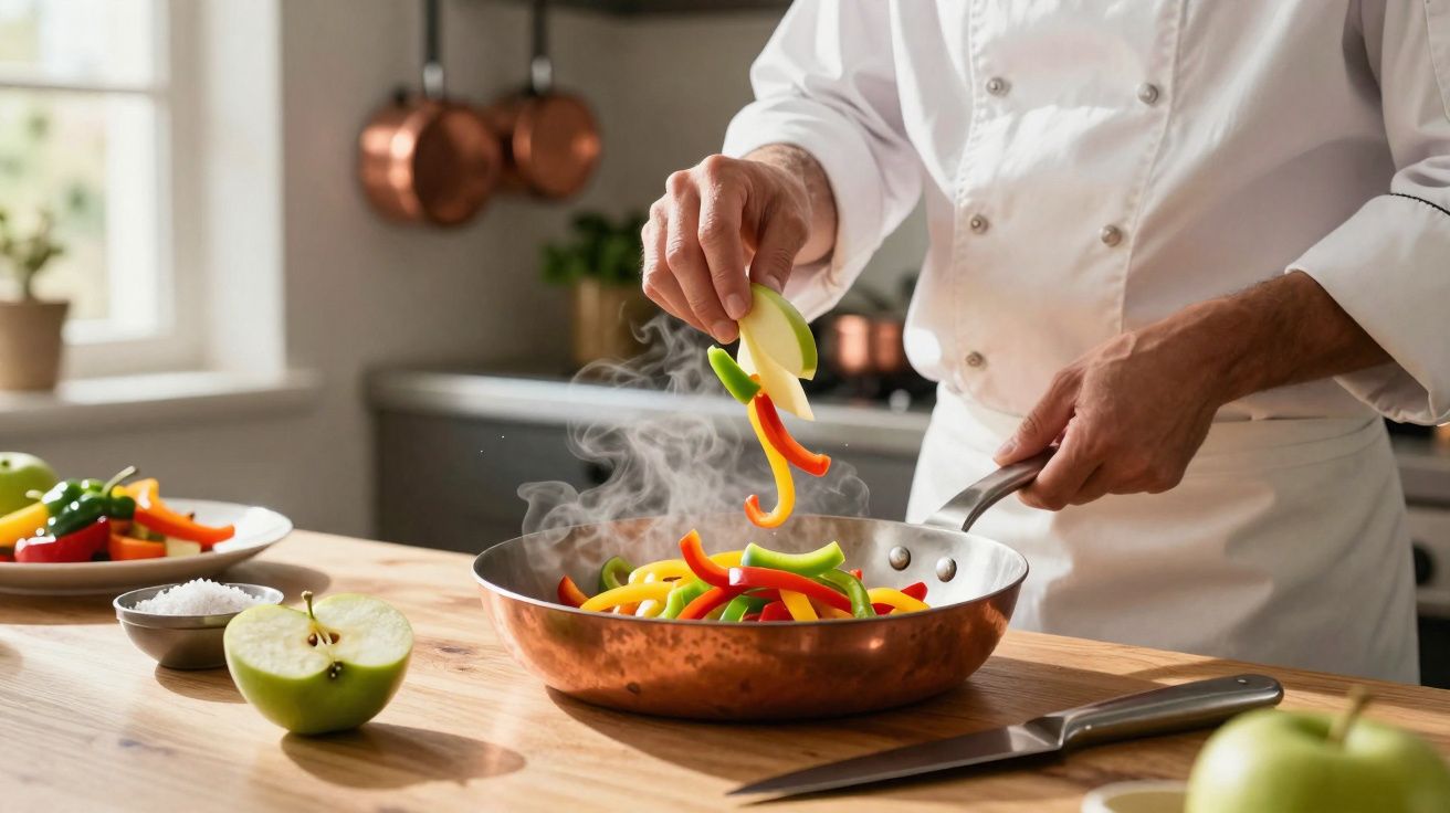 Chef preparando legumes coloridos em frigideira de cobre em cozinha iluminada e moderna.