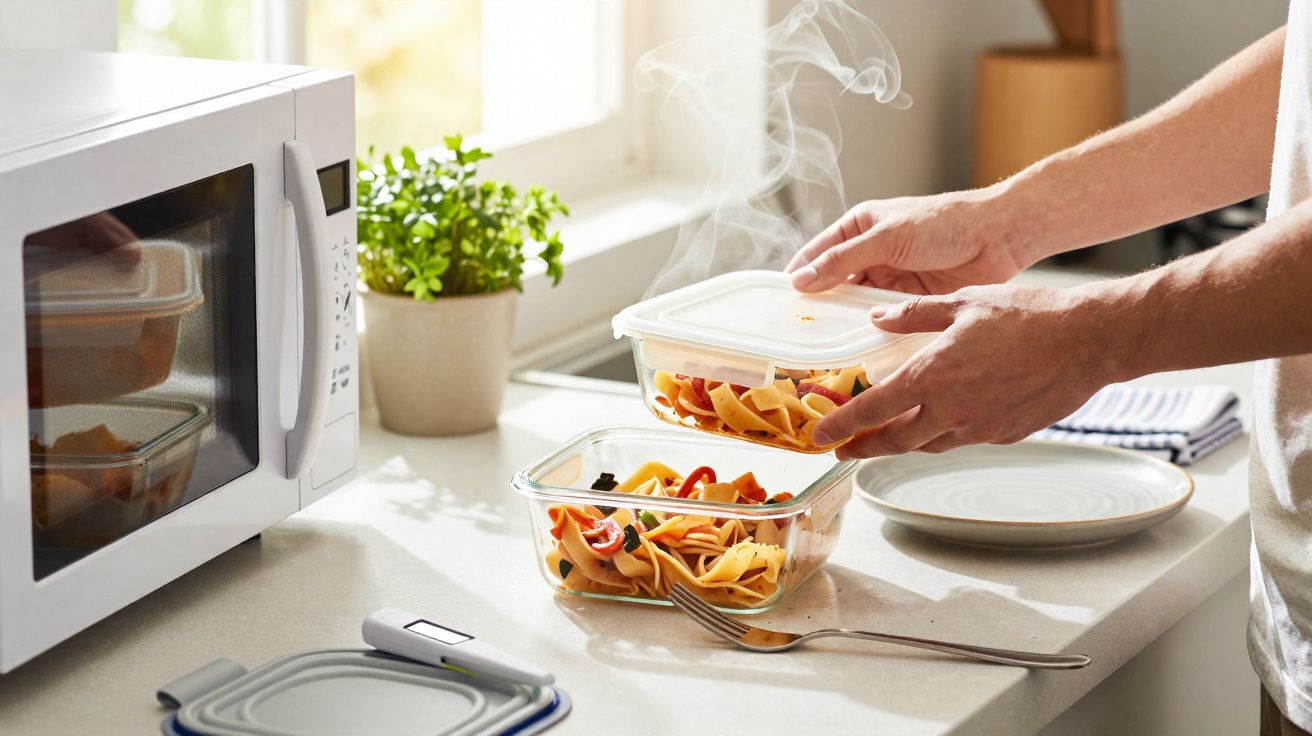 Pessoa tampando pote plástico com comida quente em bancada próxima a micro-ondas e planta.