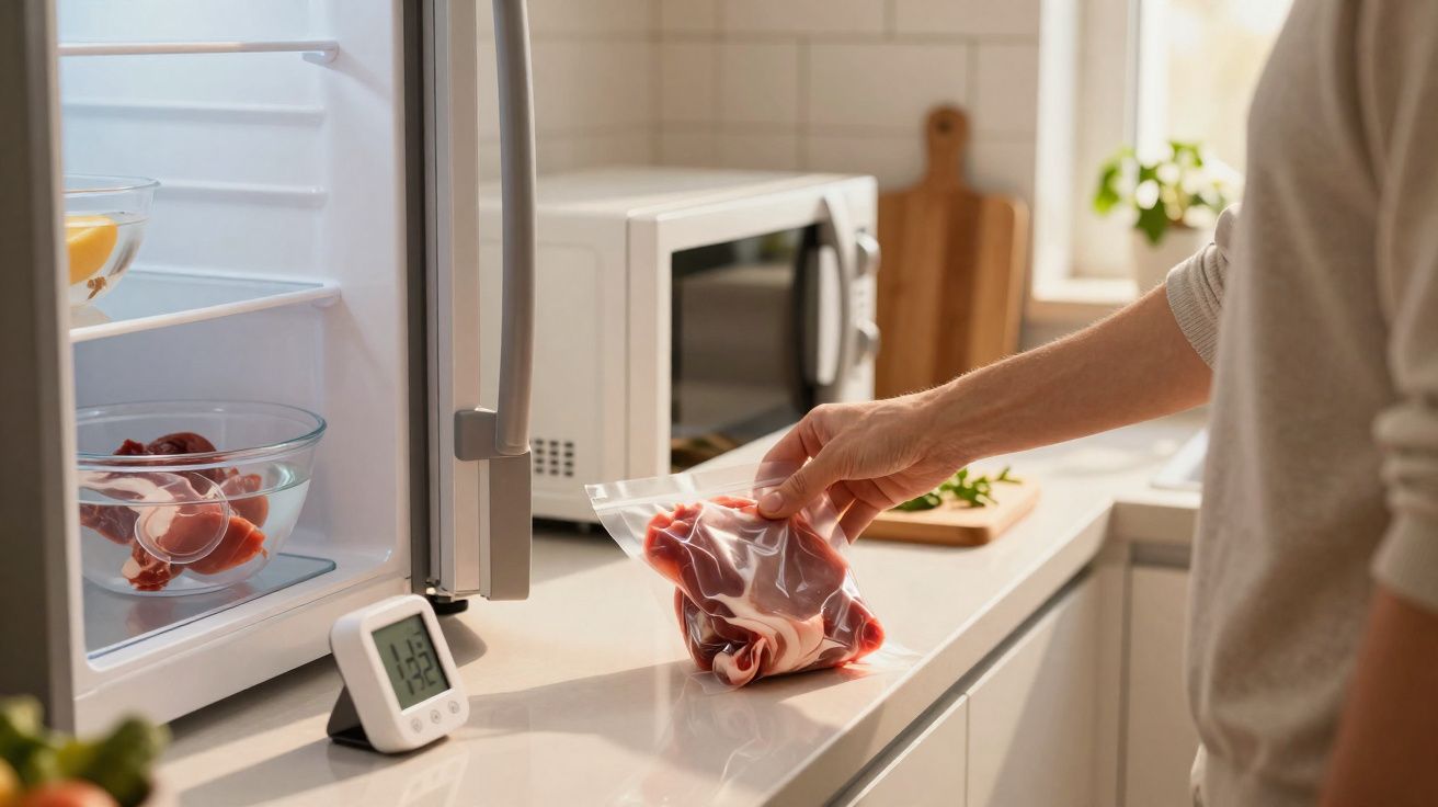 Pessoa guardando carne em embalagem plástica na bancada da cozinha ao lado da geladeira aberta.