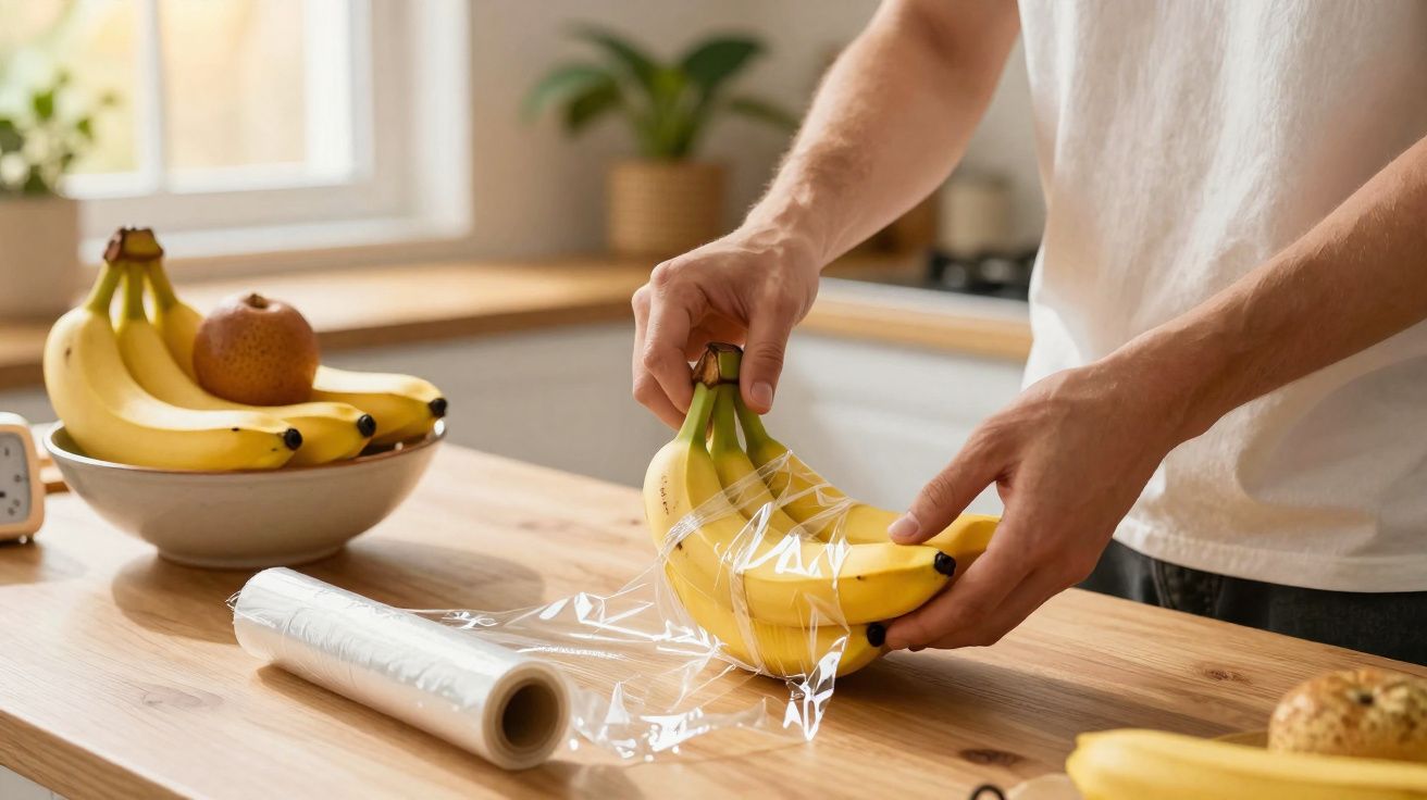 Pessoa embalando cachos de bananas com filme plástico em uma cozinha iluminada e moderna.