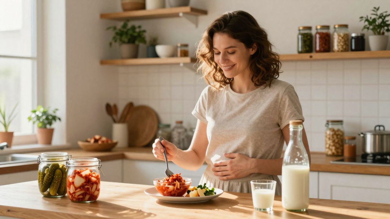 Mulher grávida sorrindo, comendo salada em cozinha iluminada, com potes de conserva à mesa.