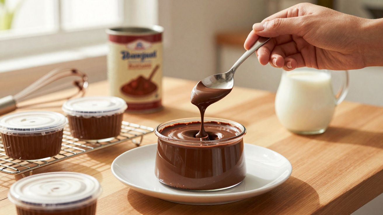 Mão segurando colher com brigadeiro cremoso em pote de vidro sobre prato branco numa bancada de madeira.