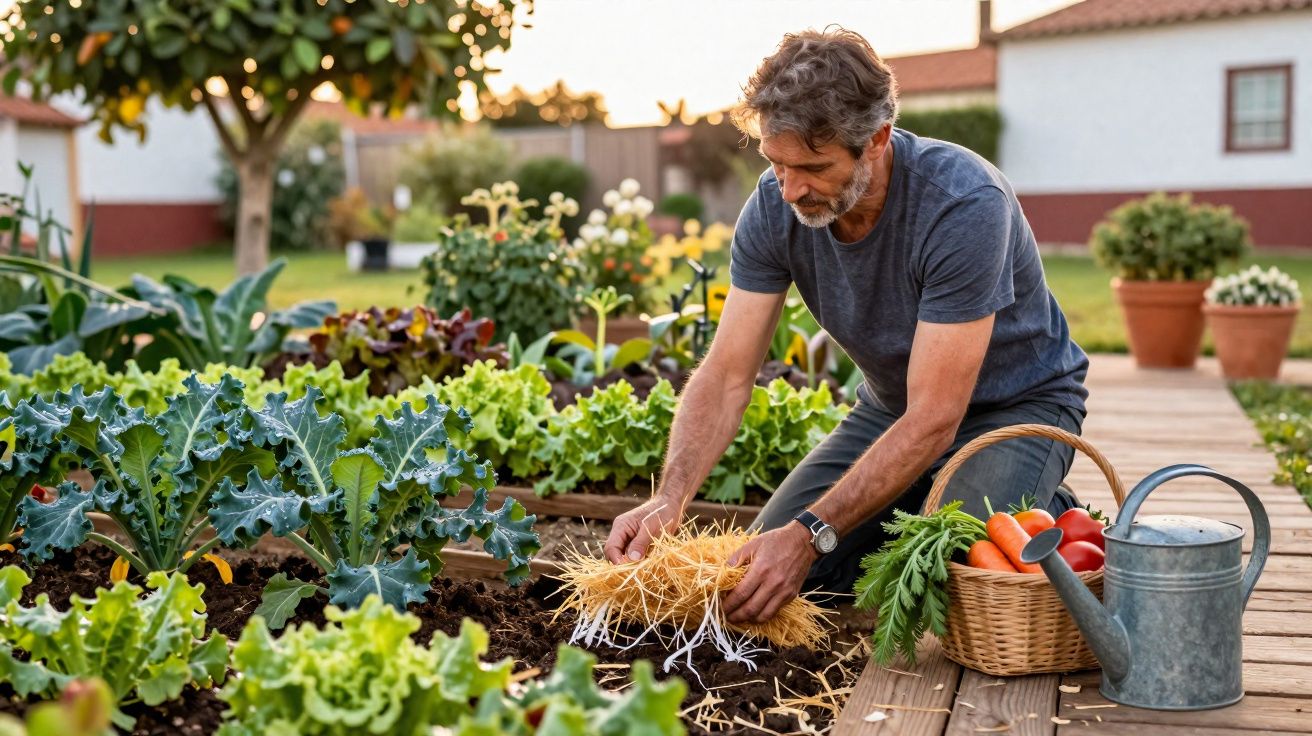 Homem cuidando de plantas em horta com cesta de legumes e regador ao lado em jardim ensolarado.