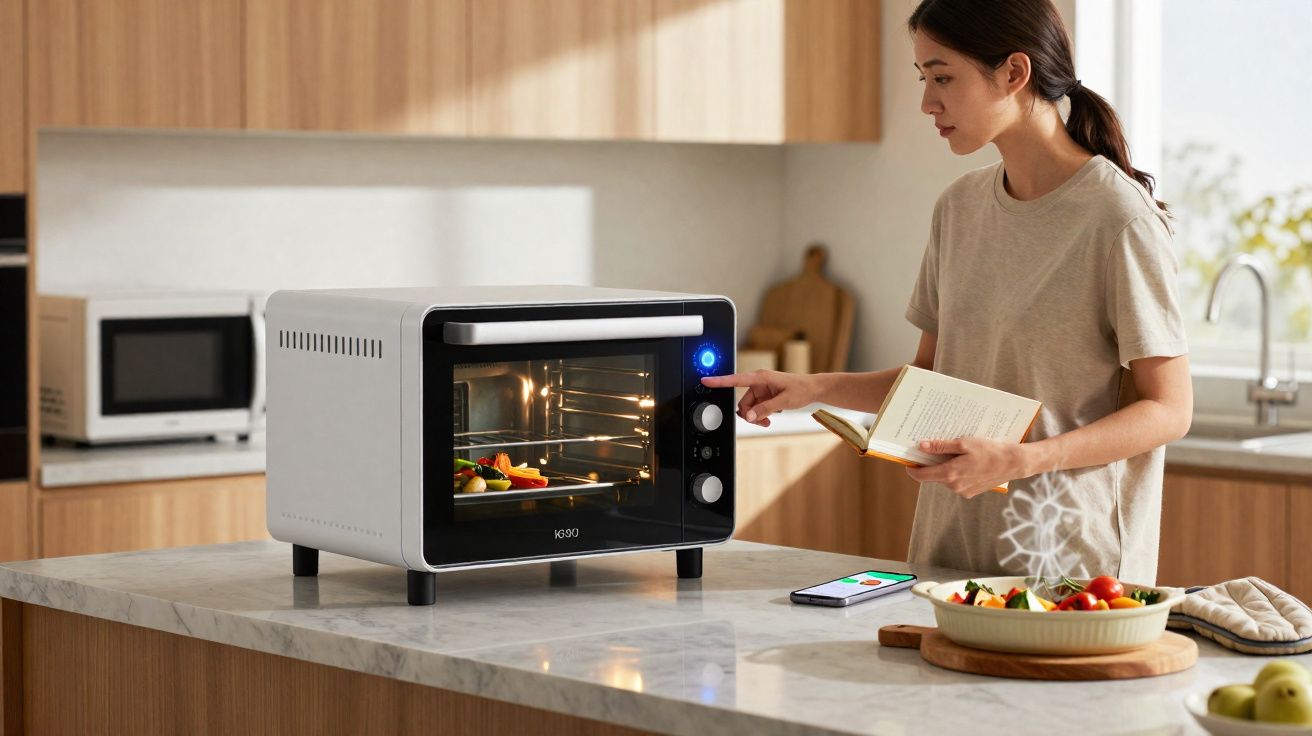 Mulher ajusta forno elétrico em cozinha moderna enquanto segura livro de receitas.