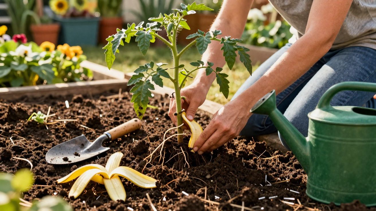 Pessoa alimentando muda de planta com cascas de banana em canteiro de jardim.