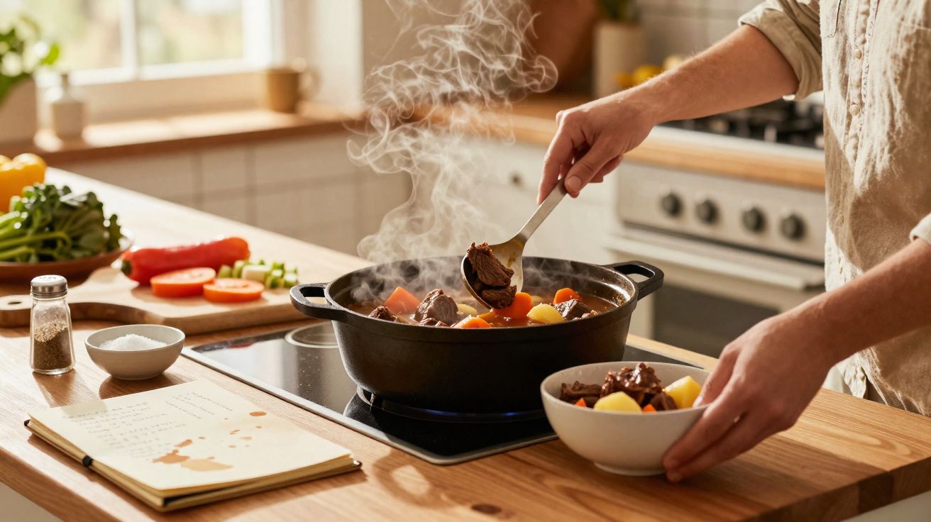 Pessoa servindo ensopado fumegante em uma tigela na cozinha com vegetais e caderno aberto.