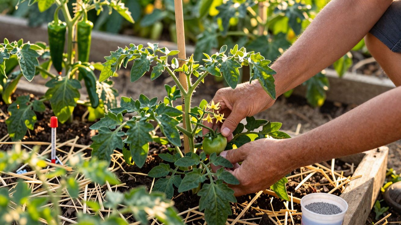 Mãos cuidando de planta de tomate em canteiro com estaca de suporte e vaso pequeno ao lado.
