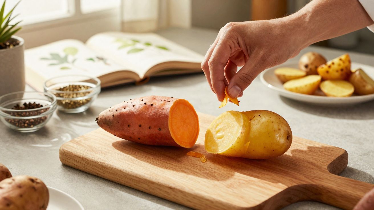 Mão polvilhando tempero em batata cortada ao meio sobre tábua de madeira, com batata-doce e especiarias ao fundo.