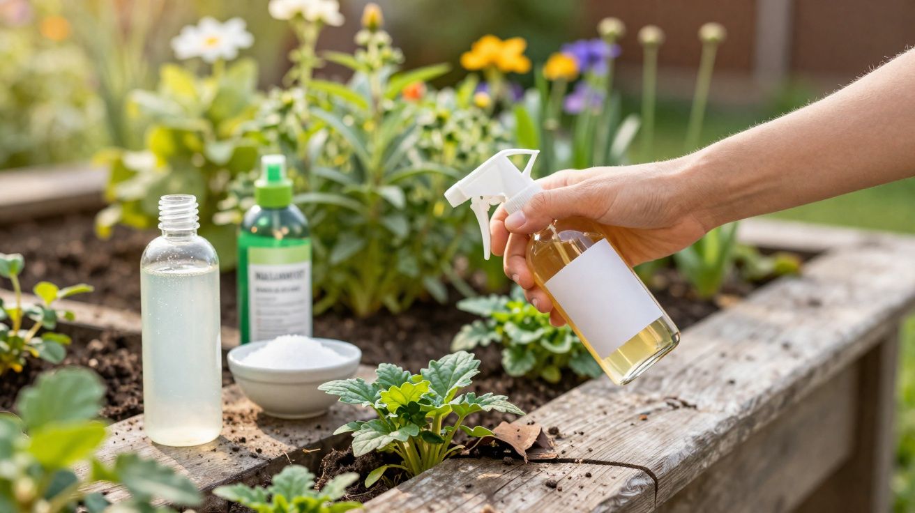 Pessoa pulverizando planta em horta elevada com frascos de produtos naturais ao lado.