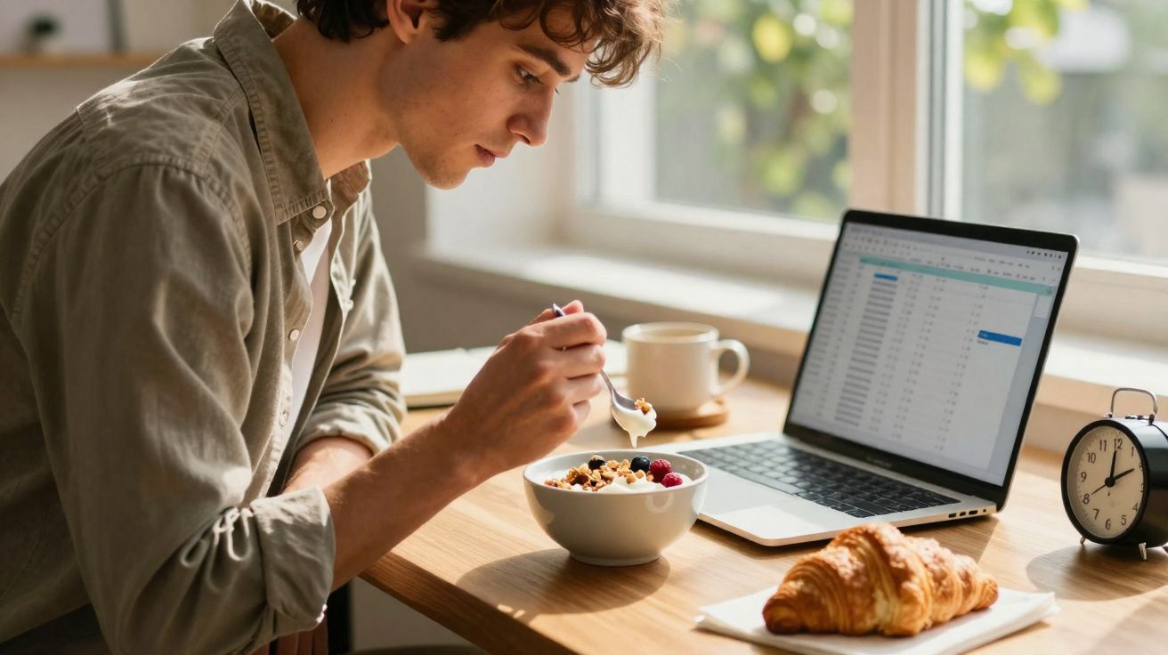 Jovem comendo iogurte com frutas e granola em frente a computador com planilha, mesa com café e croissant.