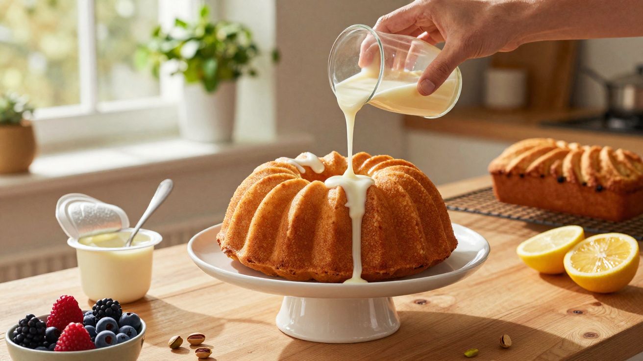 Bolo em forma de anel sendo coberto com calda branca, frutas vermelhas, limões e outro bolo ao fundo.