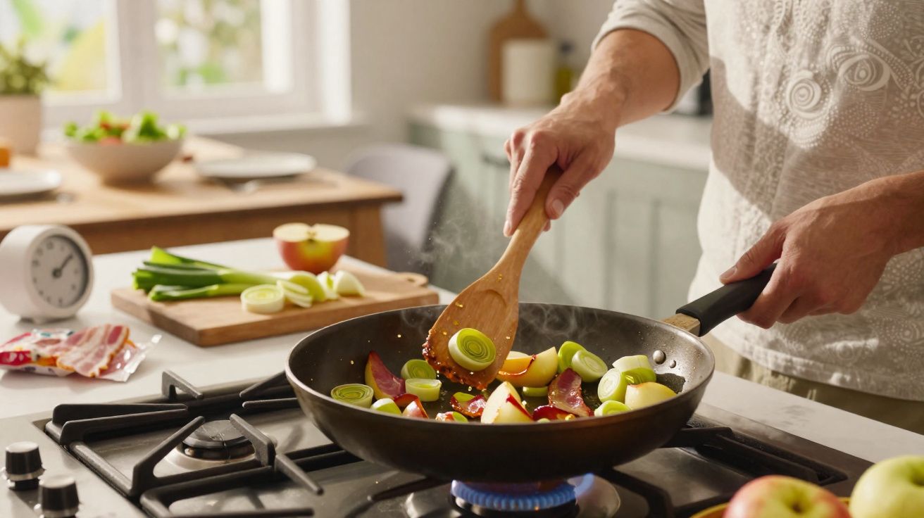 Pessoa mexendo legumes e frutas em frigideira em fogão a gás em cozinha iluminada.