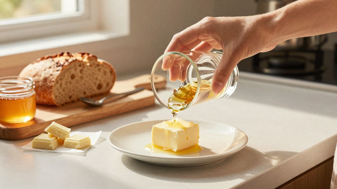 Mão derramando mel sobre manteiga em prato, com pão e potes de mel ao fundo na bancada da cozinha.