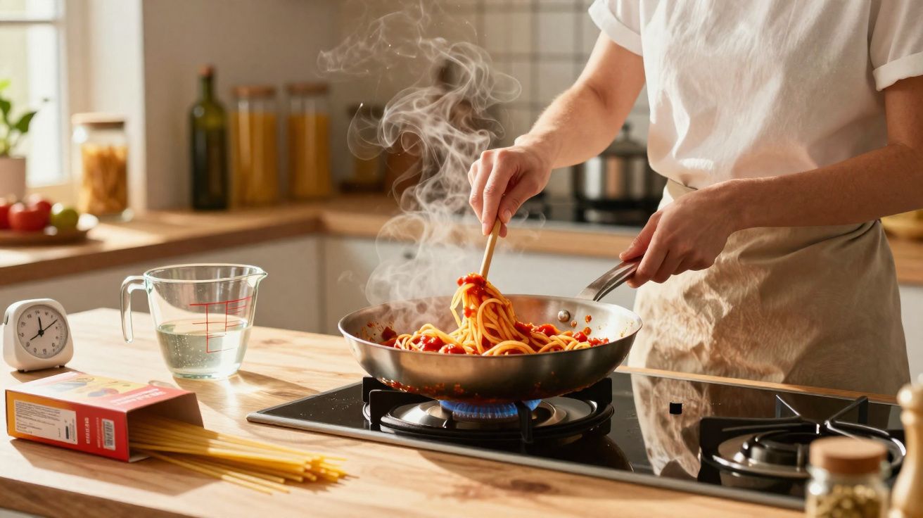 Pessoa mexendo espaguete com molho de tomate em frigideira sobre fogão na cozinha iluminada.