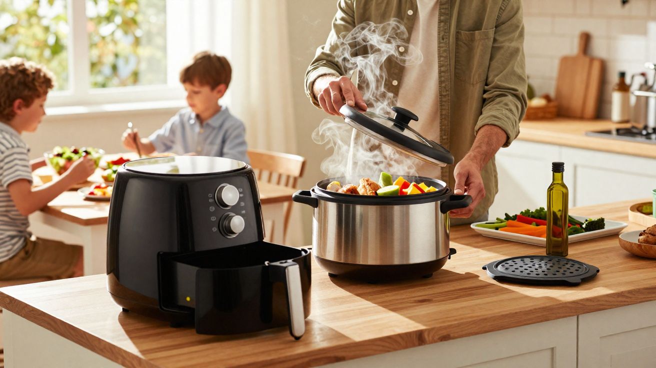 Pessoa abrindo panela elétrica com vapor saindo, friteuse preta ao lado e duas crianças comendo ao fundo.