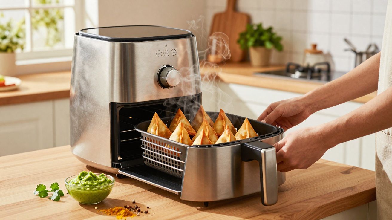 Mãos retirando cesto com salgados quentes de air fryer em cozinha clara e moderna.