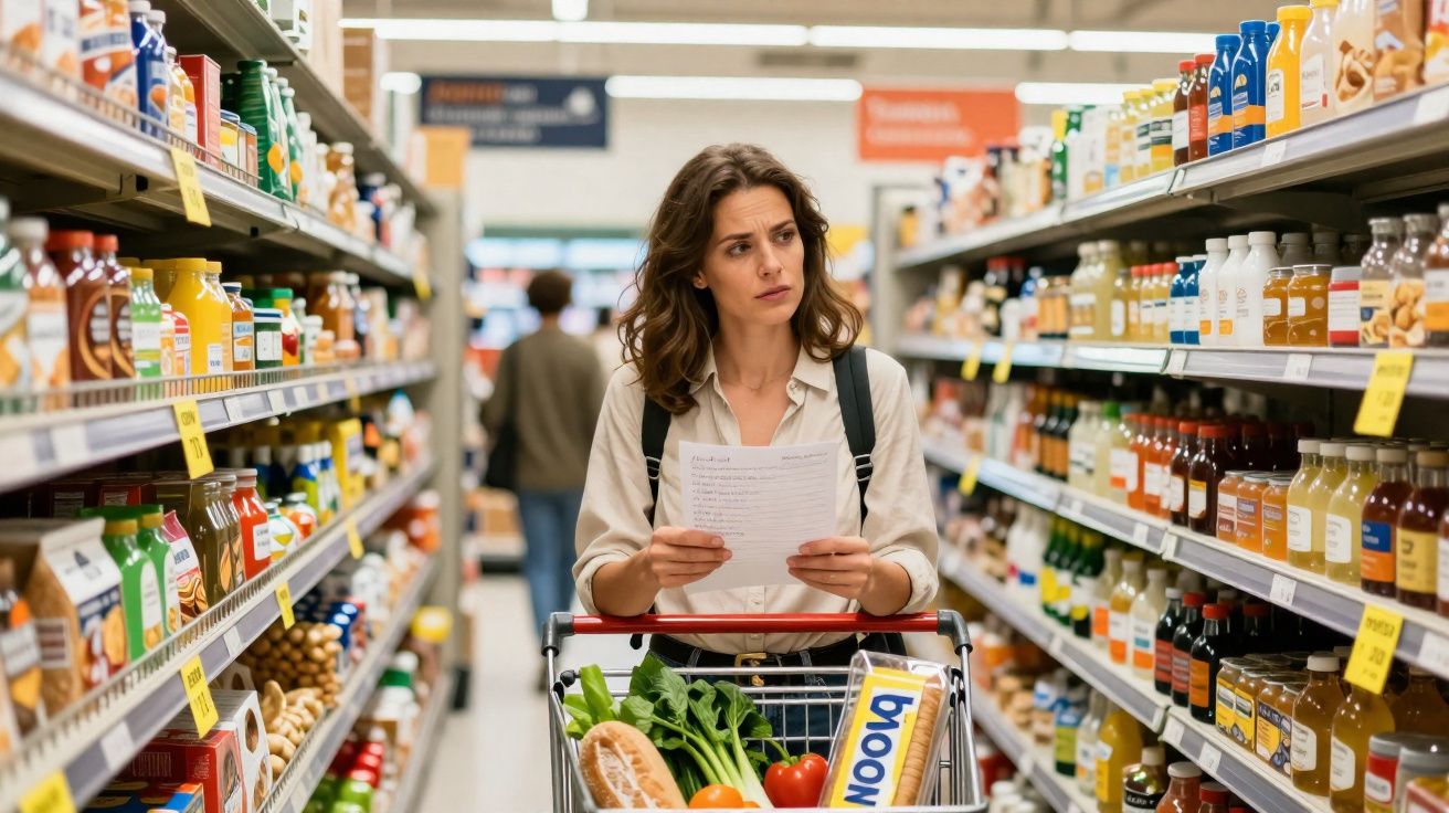 Mulher olhando lista de compras empurrando carrinho com alimentos em corredor de supermercado.