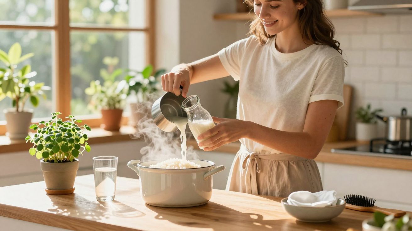 Mulher sorrindo cozinha em cozinha iluminada, despejando leite quente em panela com vapor.