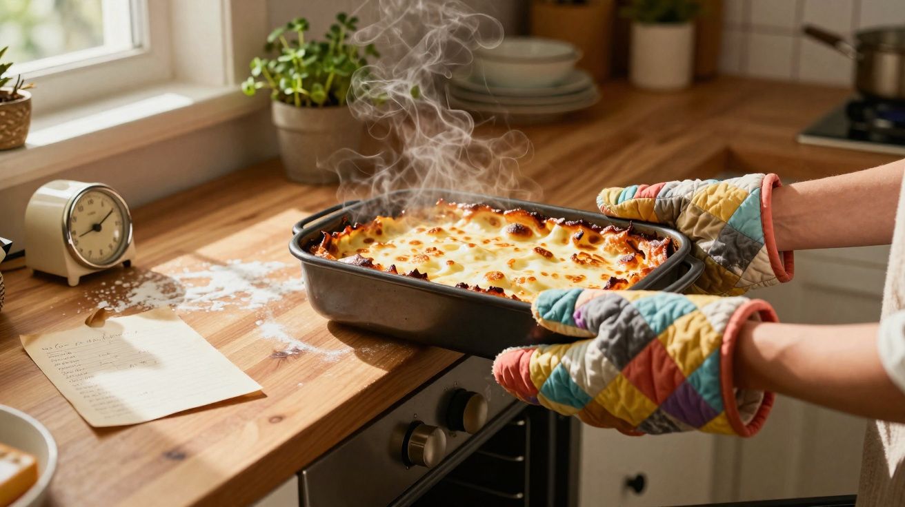 Mãos com luvas térmicas seguram travessa com lasanha quente recém saída do forno em cozinha iluminada.
