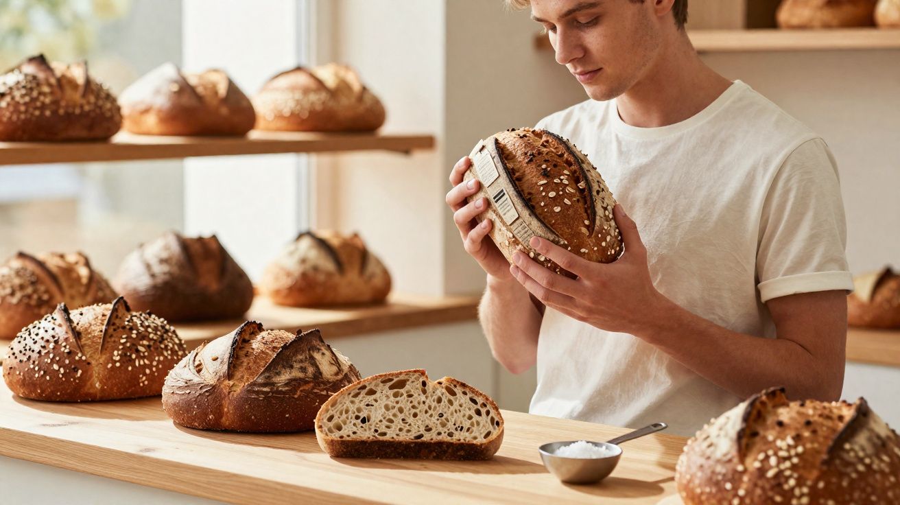 Homem segurando pão artesanal com sementes em padaria com várias fornadas sobre prateleiras ao fundo.