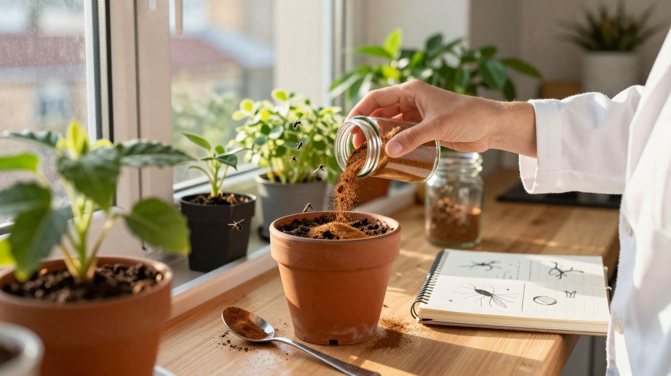 Pessoa adiciona terra cremosa em vaso com insetos para estudo em mesa com plantas e caderno de anotações.