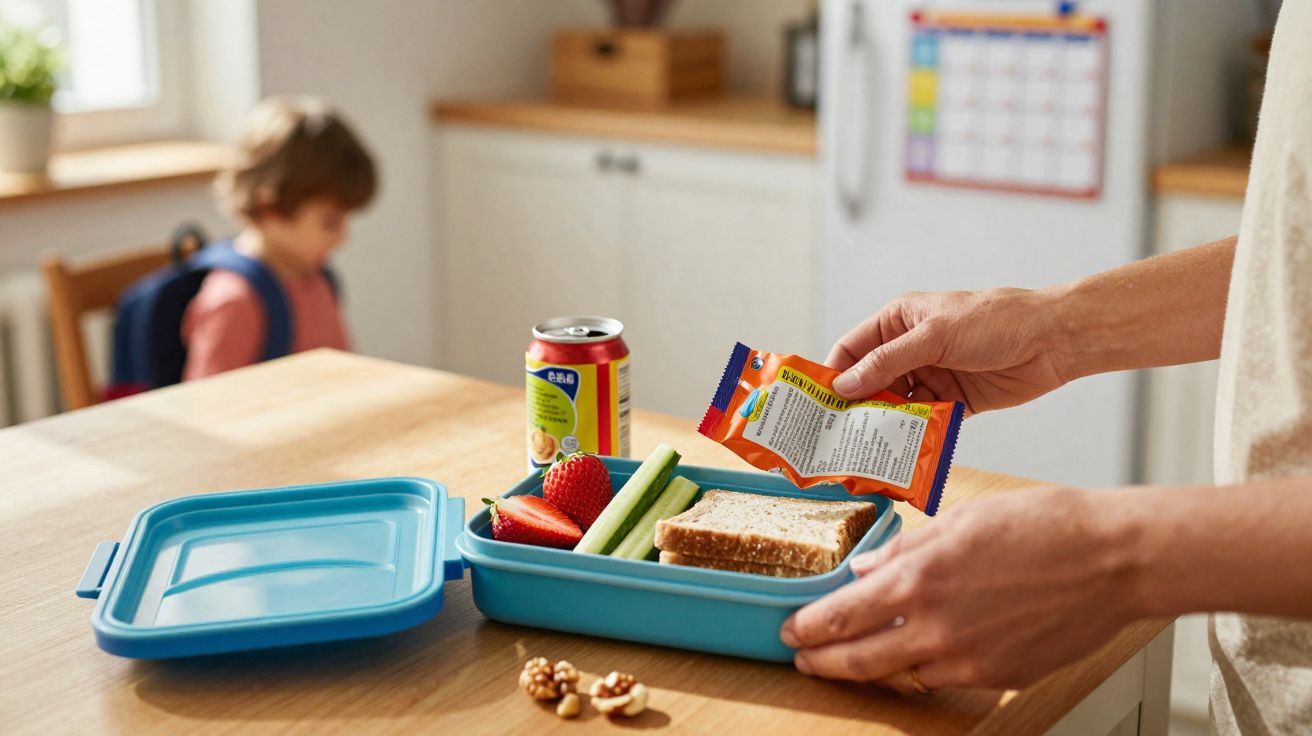 Pessoa preparando lancheira com sanduíche, frutas, legumes e suco para criança com mochila no fundo.