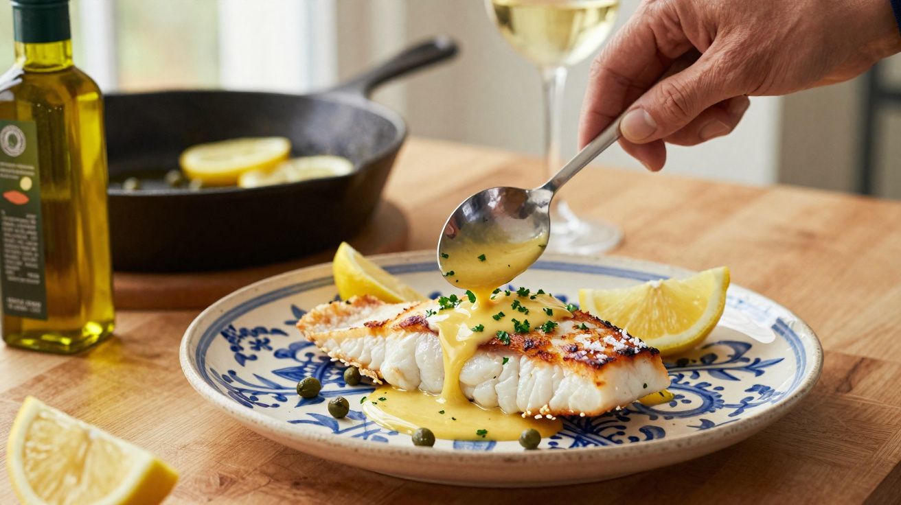 Peixe grelhado sendo regado com molho amarelo, servido com limão e alcaparras em prato decorado.