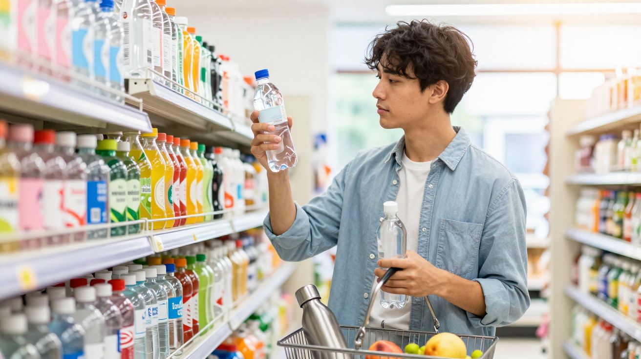 Homem jovem olhando para garrafa de água enquanto faz compras em mercado moderno.
