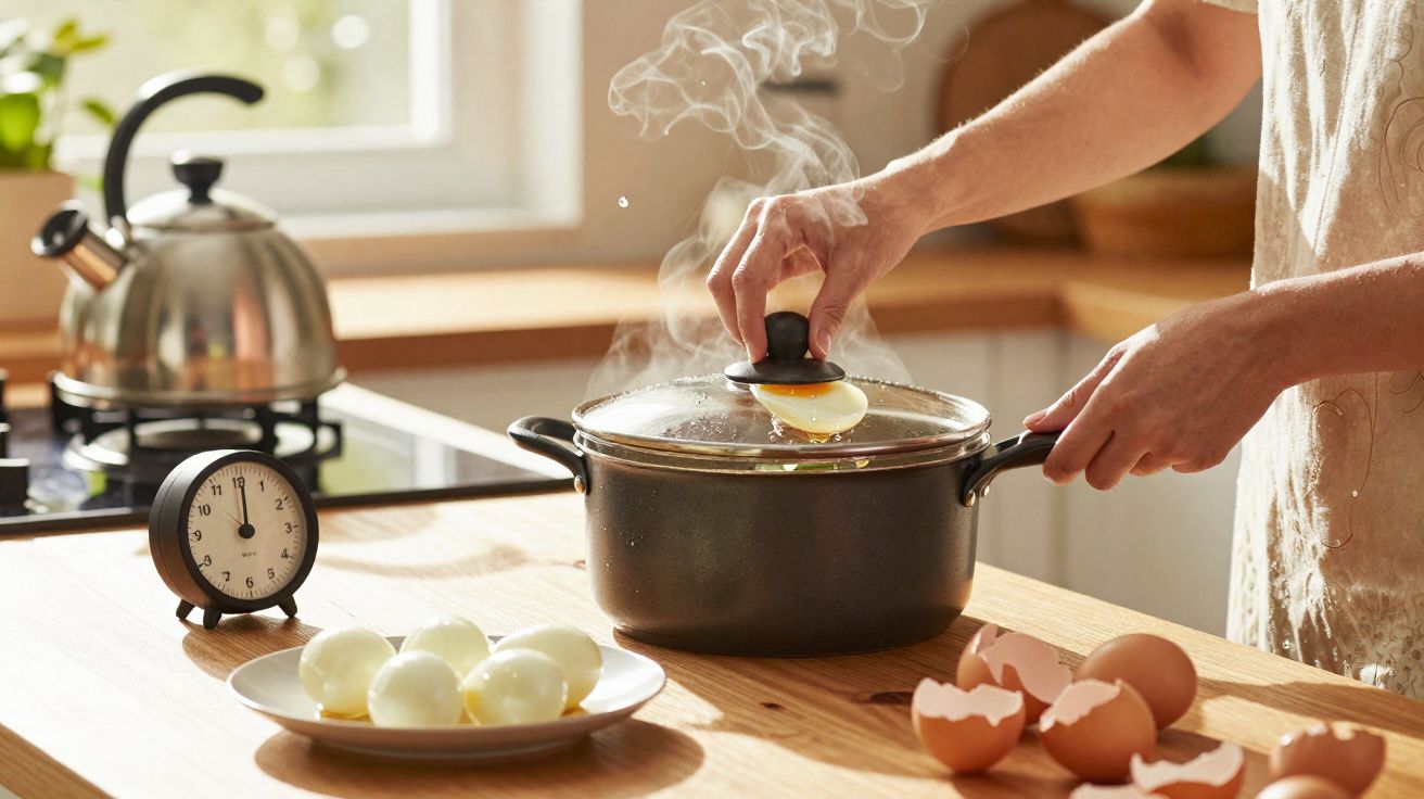 Pessoa retirando ovo cozido de panela com tampa fumegante na cozinha, com relógio e ovos descascados ao lado.