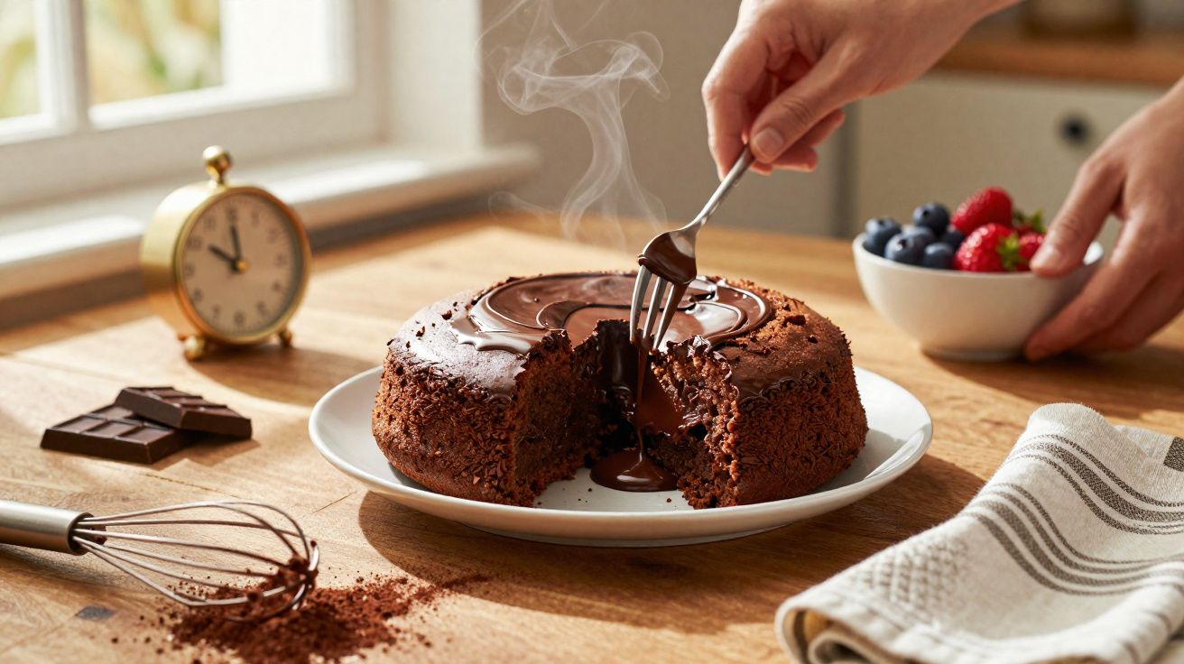 Bolo de chocolate quente com recheio derretido sendo cortado, ao lado de frutas e utensílios de cozinha.