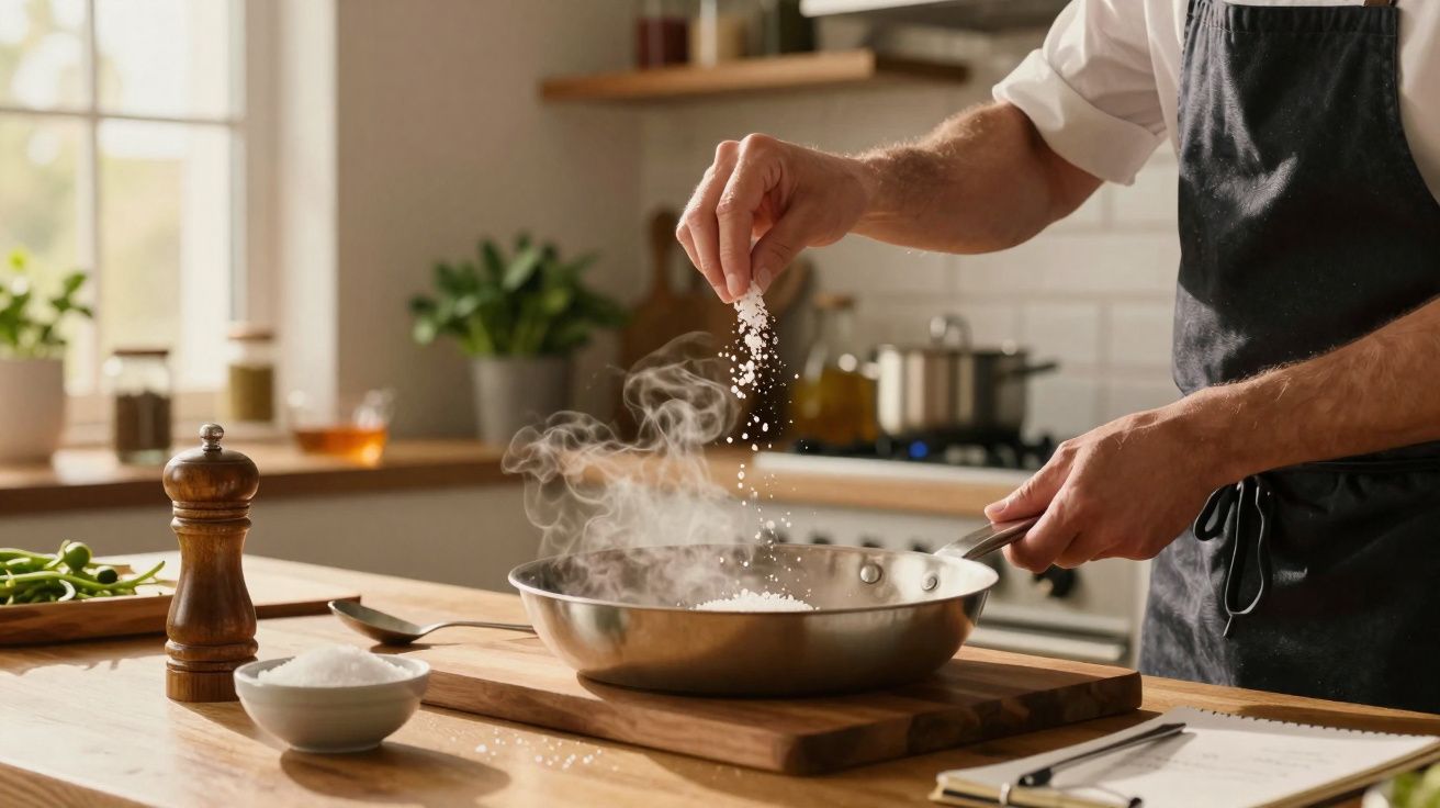 Pessoa temperando panela com sal em cozinha iluminada, com utensílios e plantas no fundo.